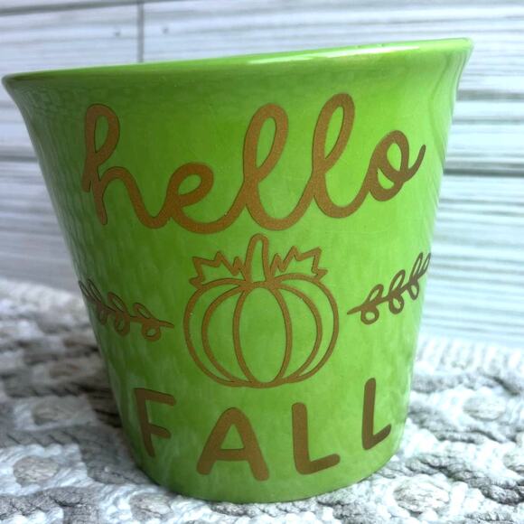 "HELLO FALL" Green with Gold Vinyl Sticker Ceramic Container Fall Decor - Picture 1 of 7